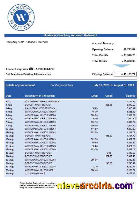 Realistic Hancock Whitney Bank Business Checking Account Statement Word And PDF Template