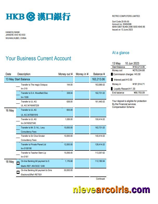 Professional Hankou Bank Organization Account Statement Word And PDF Template