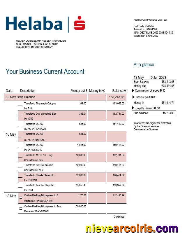 Editable Helaba Bank Firm Account Statement Word And PDF Template