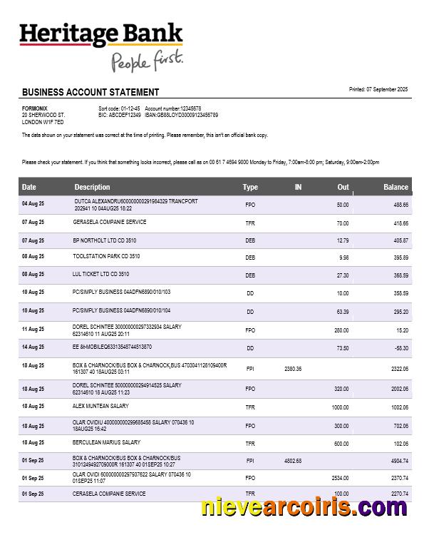 Heritage Business Bank Statement Word And PDF Format Sample
