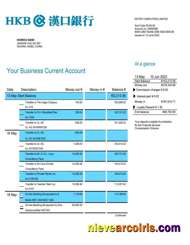 Honkou Bank Business Bank Statement Preview