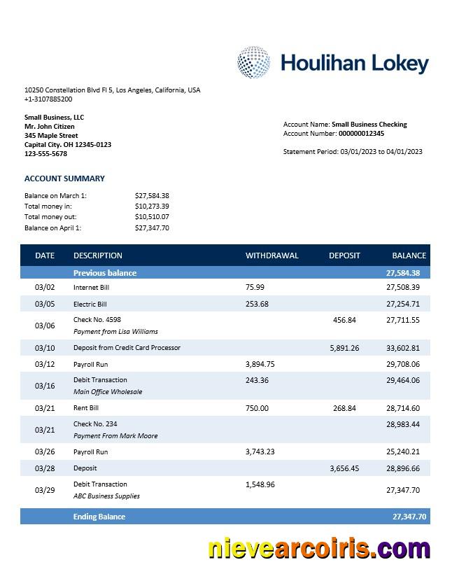Professional Houlihan Lokey Inc Bank Company Checking Account Statement Word And PDF Template