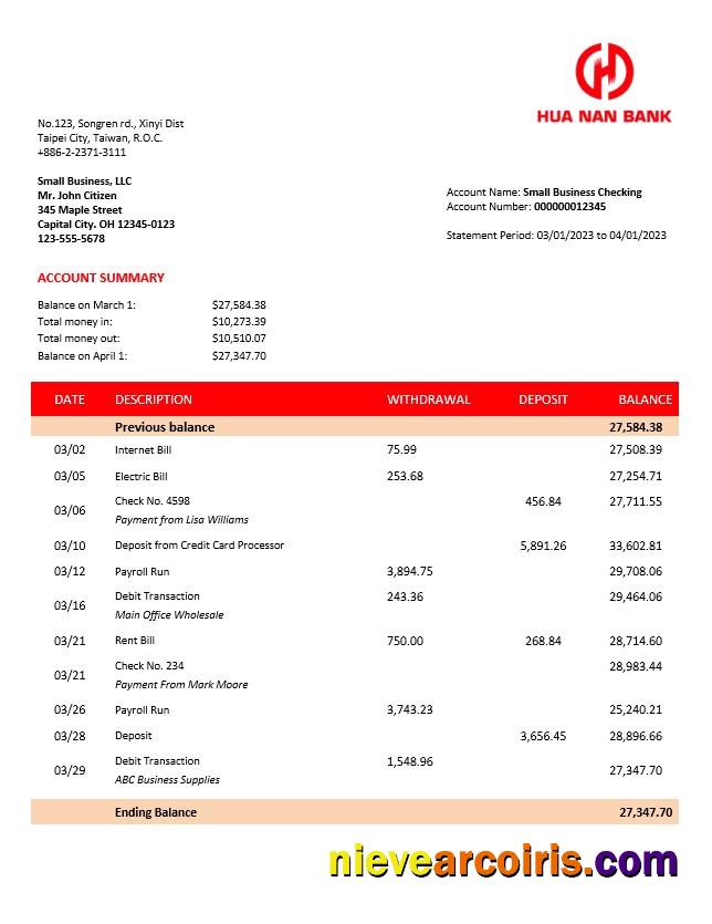 Premium Hua Nan Financial Holdings Firm Bank Statement Word And PDF Template