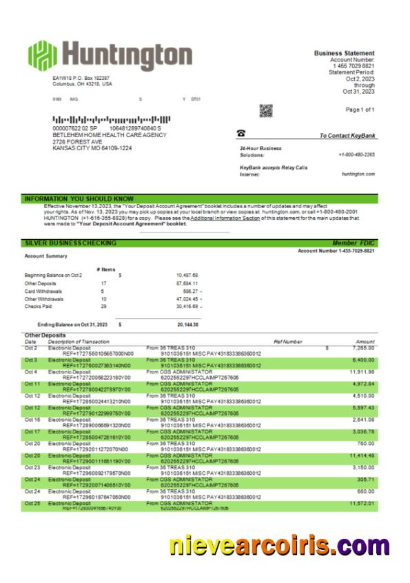 Premium Huntington Bancshares Corporate Bank Statement Word And PDF Template