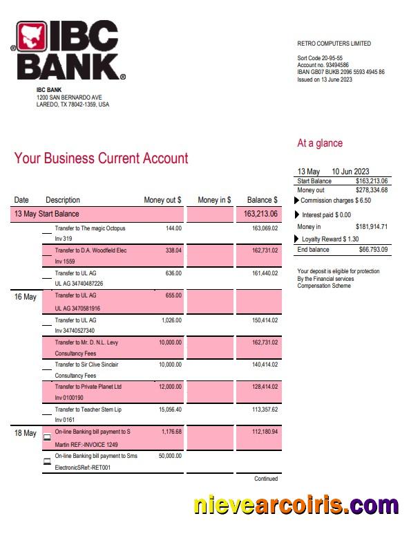 Editable IBC Bank Business Checking Account Statement Word And PDF Template