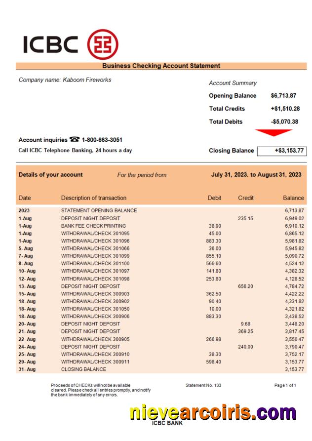 Editable ICBC Bank Business Checking Account Statement Word And PDF Template