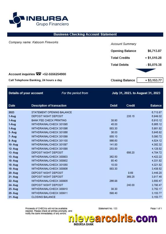 Editable Inbursa Bank Company Checking Account Statement Word And PDF Template