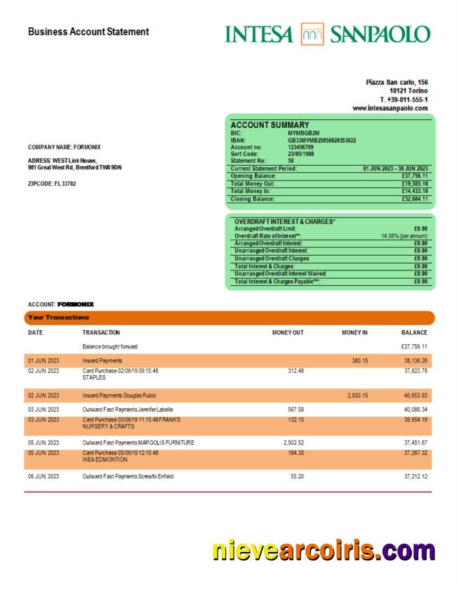 Premium Intesa Sanpaolo Bank Enterprise Account Statement Word And PDF Template