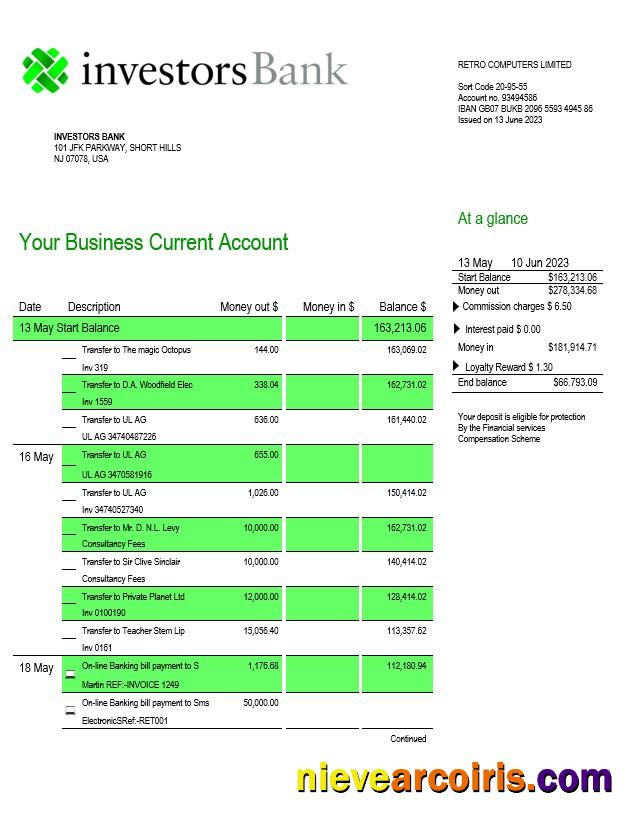 Premium Investors Bank Business Checking Account Statement Word And PDF Template