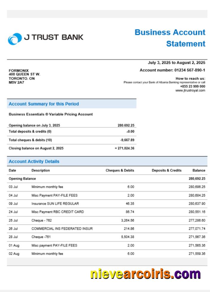 J Trust Royal Business Bank Company Statement Word And PDF Format Sample