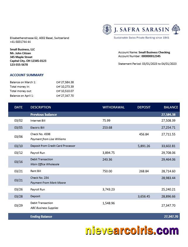 Premium J. Safra Sarasin Bank Business Statement Word And PDF Template