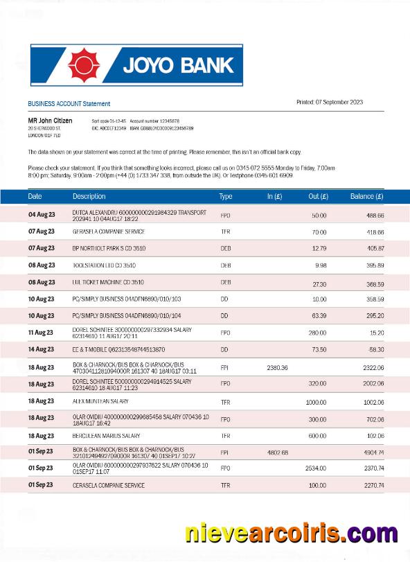 JOYO Bank Bank Statement Template