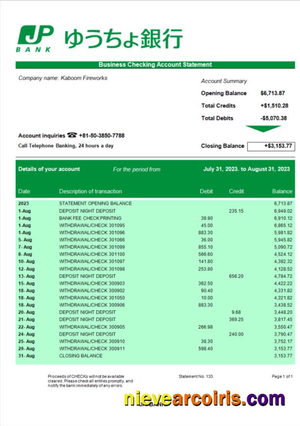 Professional JP Bank (Japan Post Bank) Organization Statement Word And PDF Template