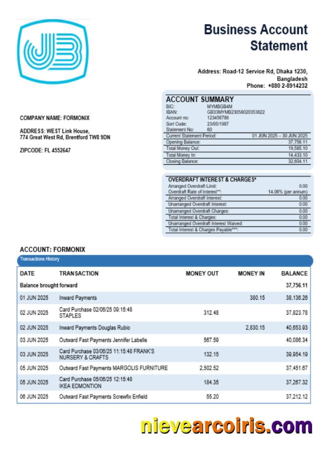 Janata Bank Business Bank Statement Word And PDF Format Sample