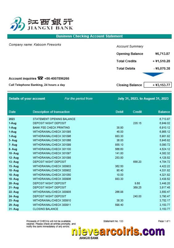 Editable Jiangxi Bank Business Checking Account Statement Word And PDF Template