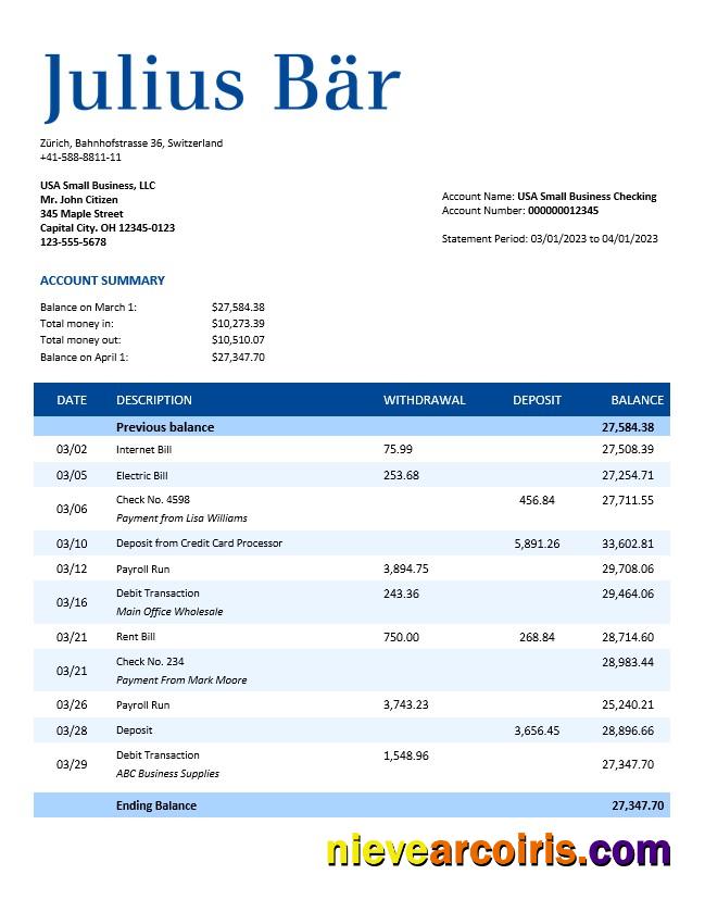 Editable Julius Baer Bank Company Statement Word And PDF Template