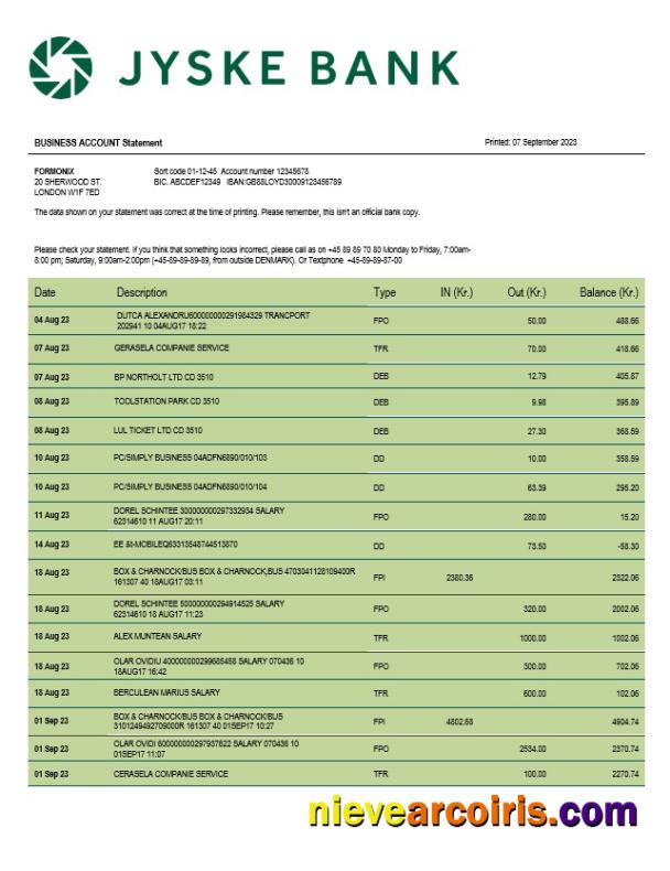 Realistic Jyske Bank Business Statement Word And PDF Template