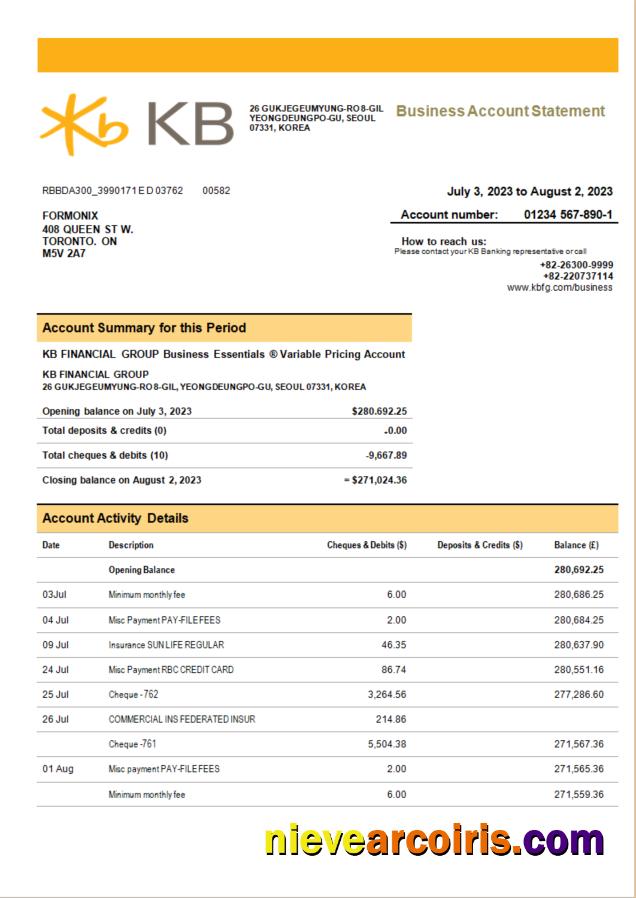Premium KB Financial Group Bank Company Checking Account Statement Word And PDF Template