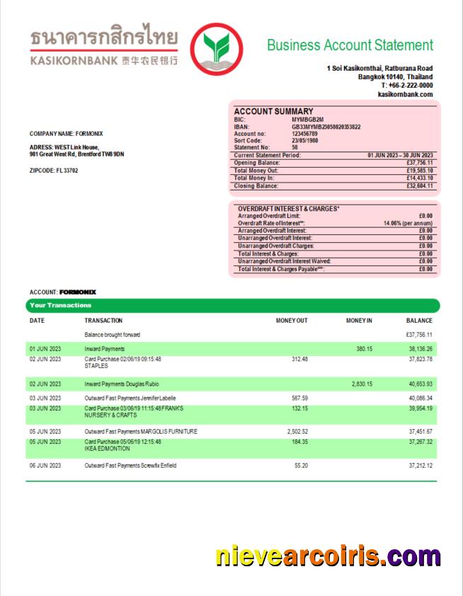 Editable Kasikornbank Enterprise Statement Word And PDF Template