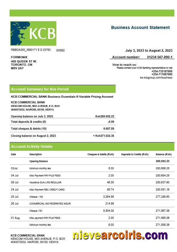 Editable Kenya Commercial Bnak Firm Account Statement Word And PDF Template