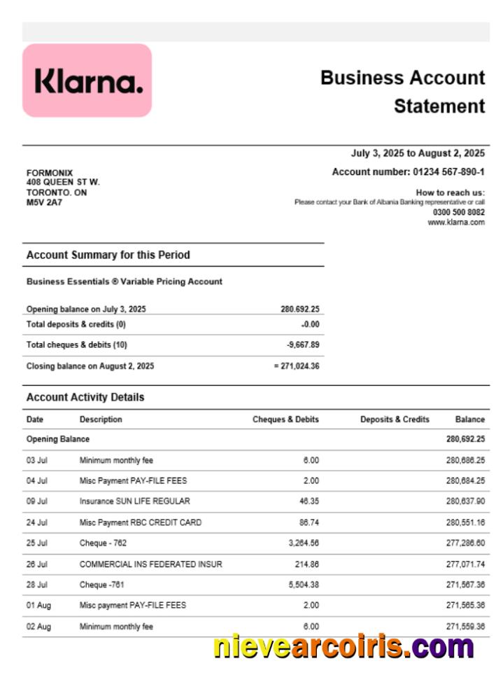 Editable Klarna Bank Firm Account Statement Word And PDF Template