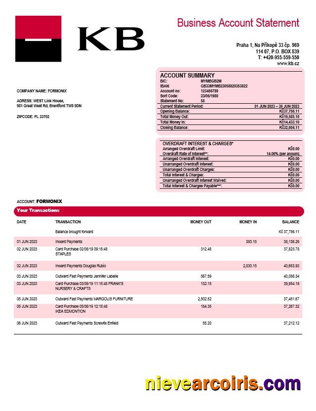 Editable Komercní Banka Corporate Checking Account Statement Word And PDF Template