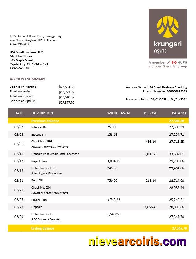 Realistic Krungsri Bank Of Ayudha Business Statement Word And PDF Template