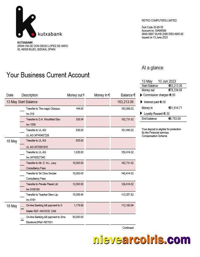 Editable Kutxabank Company Account Statement Word And PDF Template