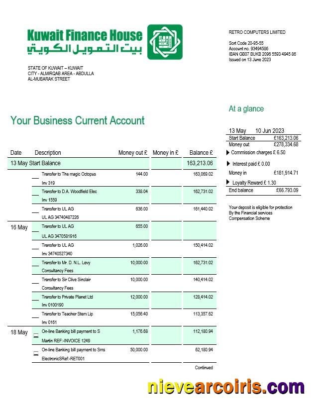 Realistic Kuwait Finance House Bank Firm Account Statement Word And PDF Template