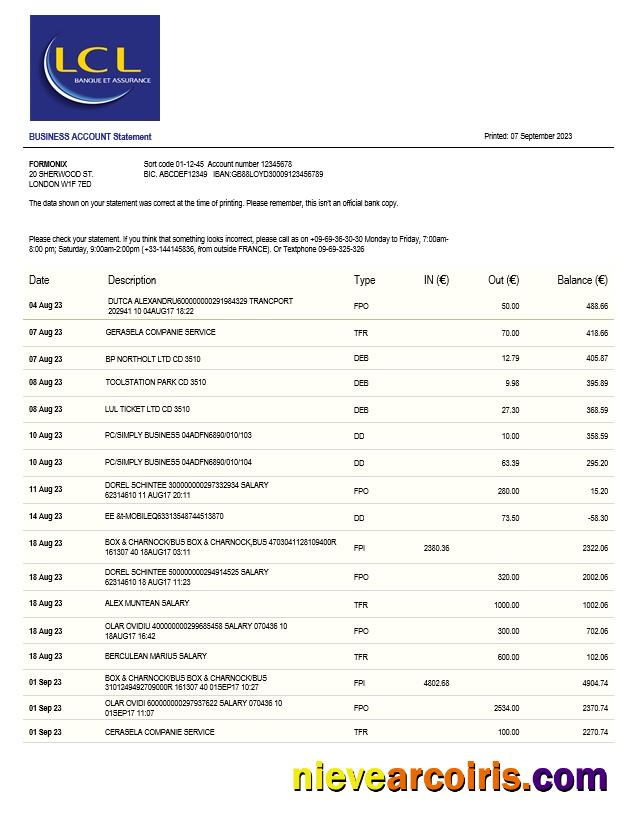 Professional LCL Bank Business Statement Word And PDF Template