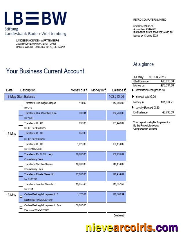 Realistic Landesbank Baden Württemberg Enterprise Account Statement Word And PDF Template