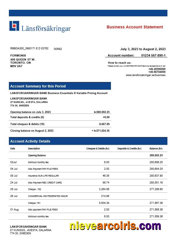 Realistic Lansforsakrigar Bank Company Checking Account Statement Word And PDF Template