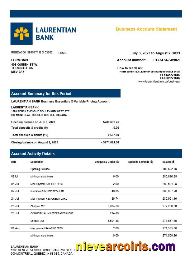 Premium Laurentian Bank Enterprise Account Statement Word And PDF Template