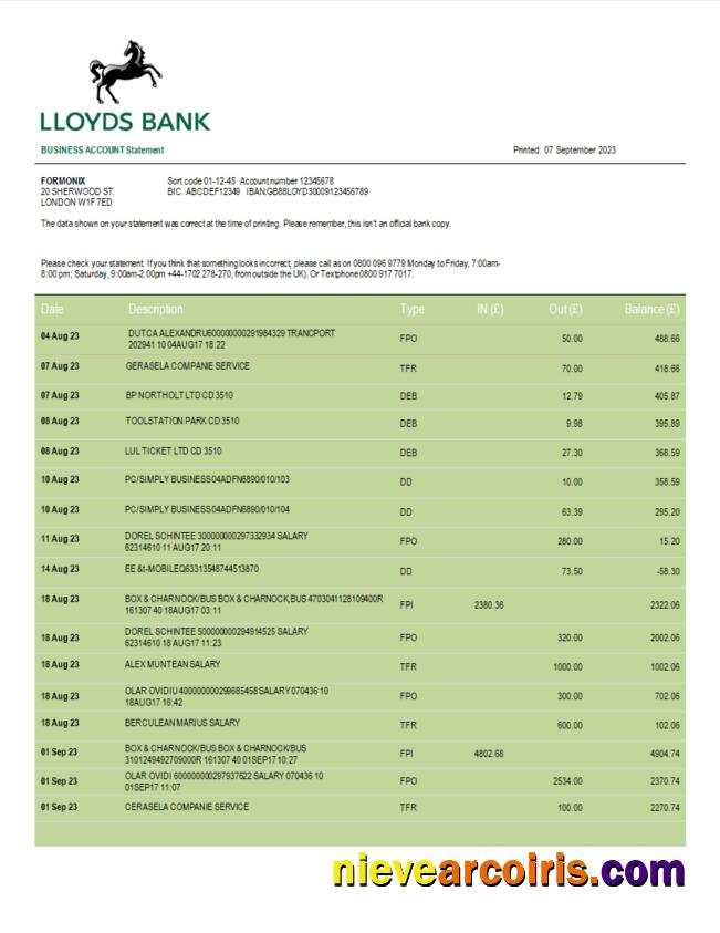Realistic Lloyds Bank Business Account Statement Word And PDF Template