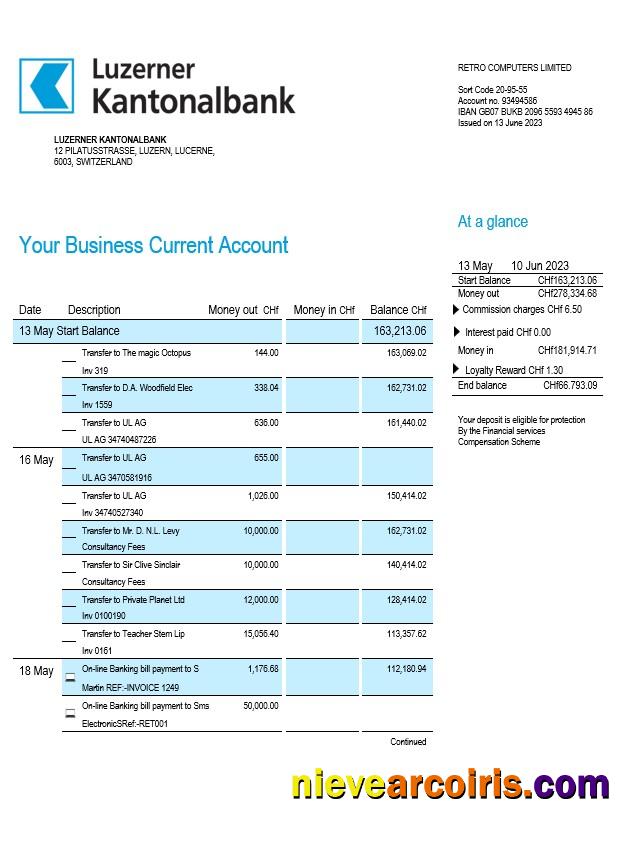 Professional Luzerner Kantonalbank Bank Organization Checking Account Statement Word And PDF Template