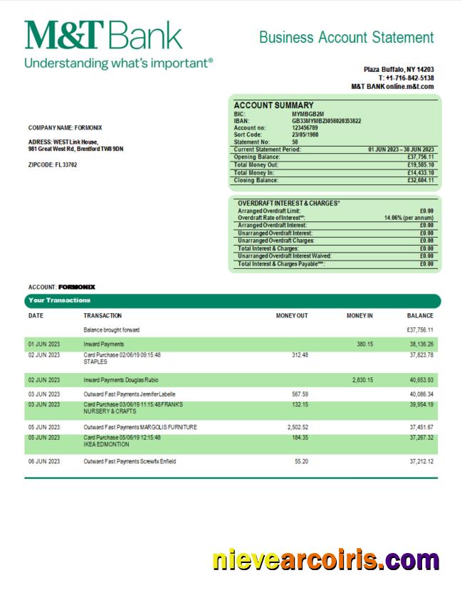 Professional M&T Bank Company Statement Word And PDF Template