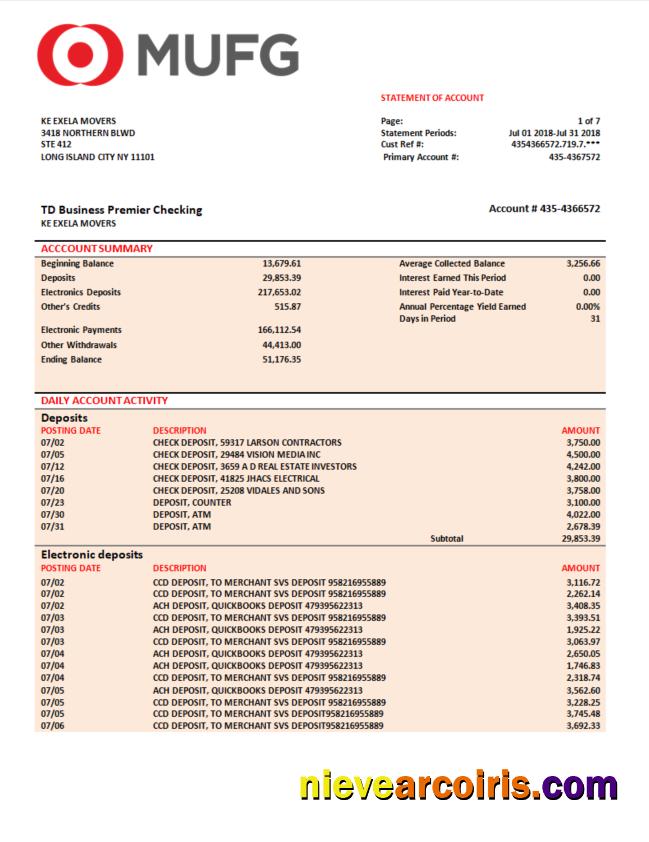 Professional MUFG Bank Business Checking Account Statement Word And PDF Template