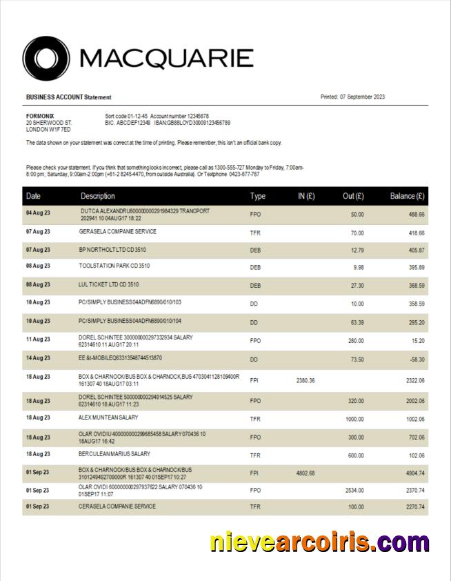 Premium Macquarie Bank Enterprise Statement Word And PDF Template