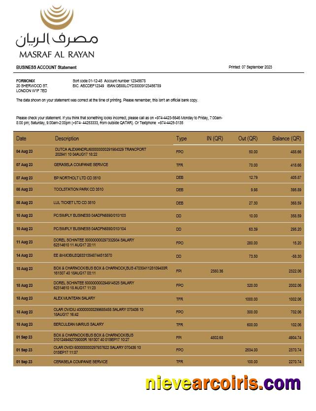 Premium Masraf Al Rayan Bank Company Checking Account Statement Word And PDF Template