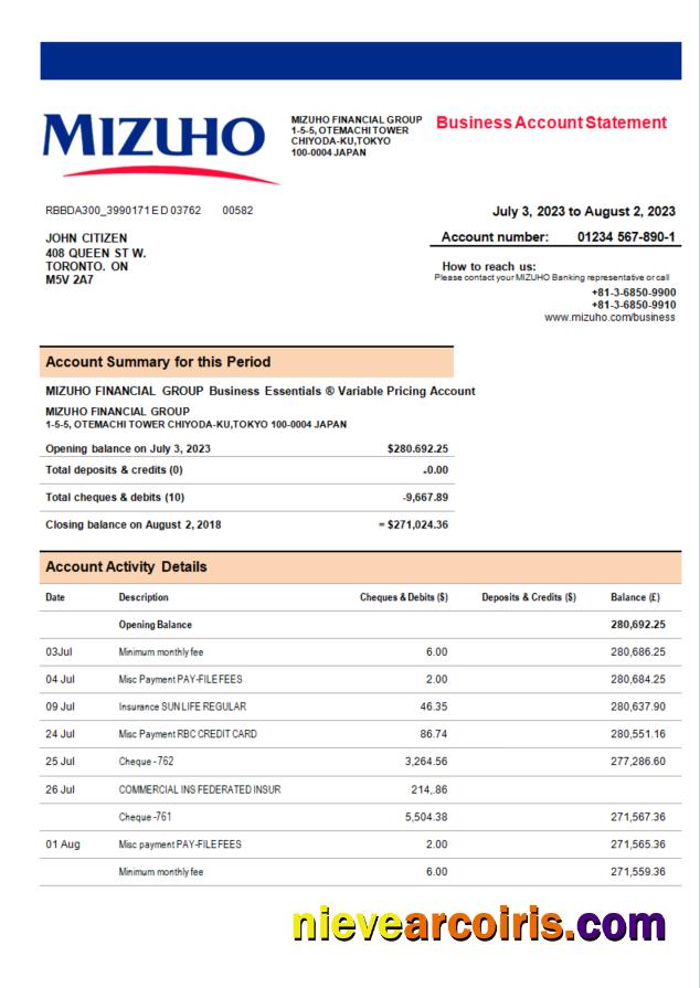 Editable Mizuho Financial Group Bank Company Account Statement Word And PDF Template