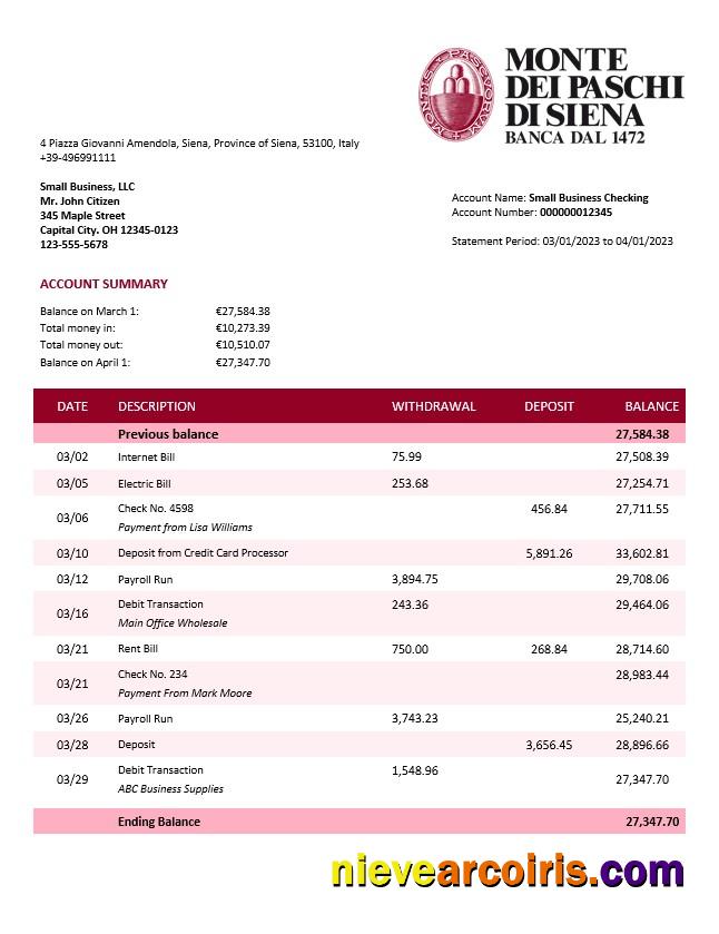 Realistic Monte Dei Paschi Di Siena Firm Account Statement Word And PDF Template