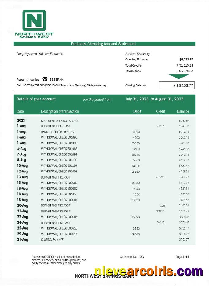 NORTHWEST Savings Bank Bank Statement Template