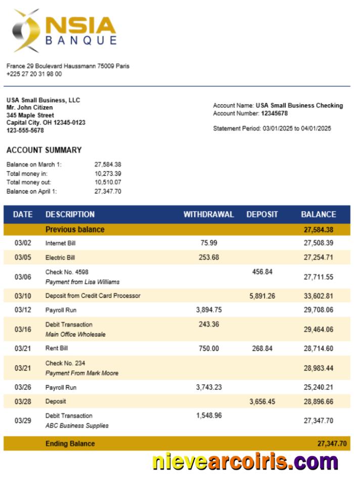 NSIA Banque Business Bank Statement Word And PDF Format Preview
