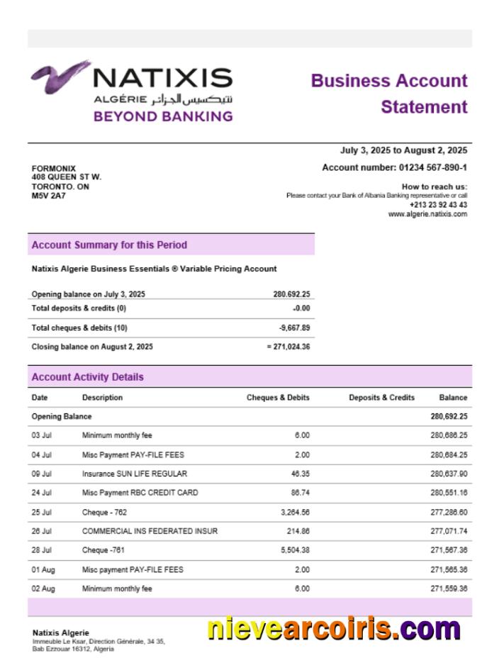 Natixis Algerie Business Bank Statement Word And PDF Format Preview