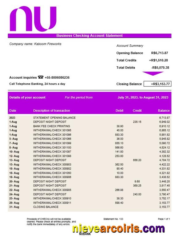 Premium Nubank Corporate Checking Account Statement Word And PDF Template