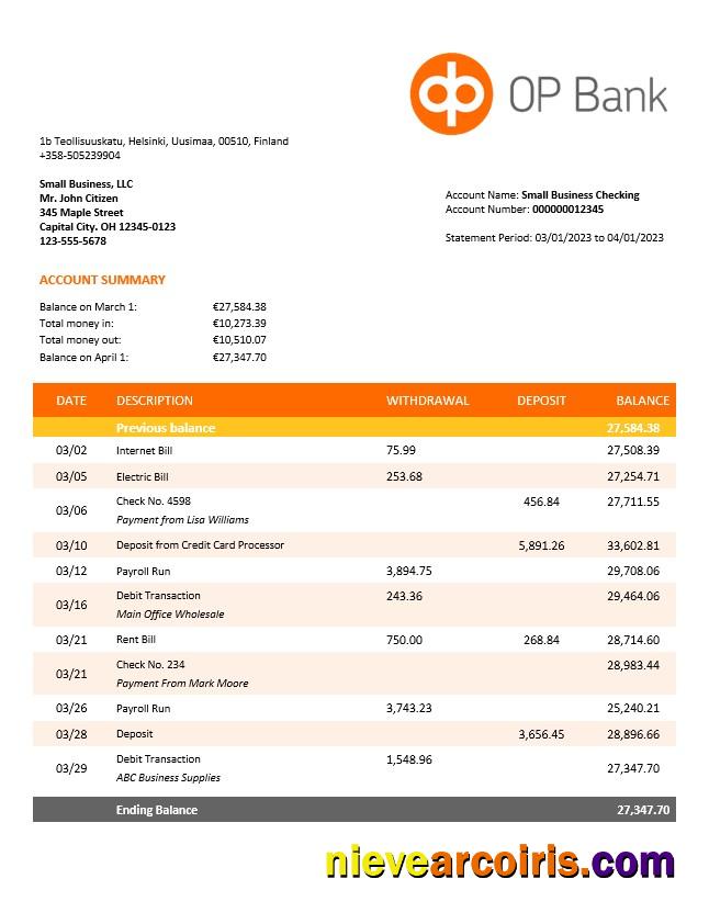 Professional OP Bank Company Account Statement Word And PDF Template