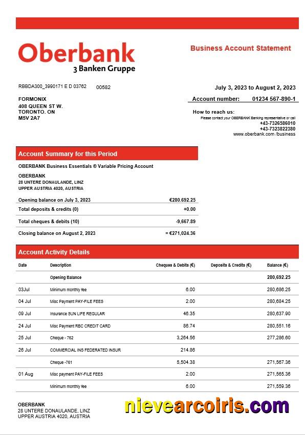 Editable Oberbank Company Checking Account Statement Word And PDF Template