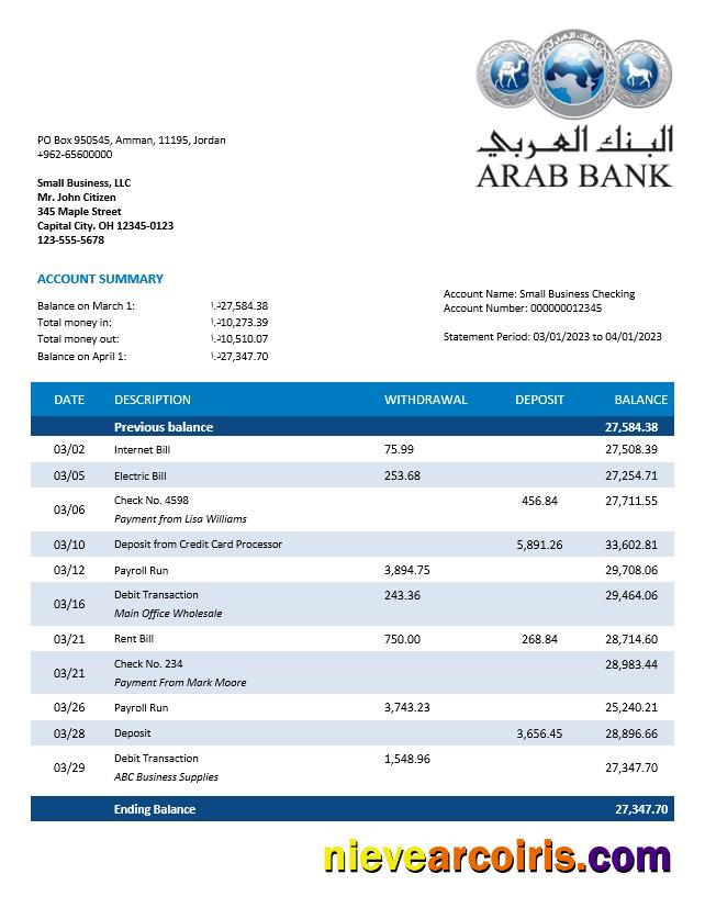Professional Oman Arab Bank Company Checking Account Statement Word And PDF Template
