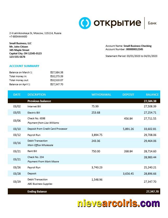 Professional Otkritie FC Bank Enterprise Account Statement Word And PDF Template