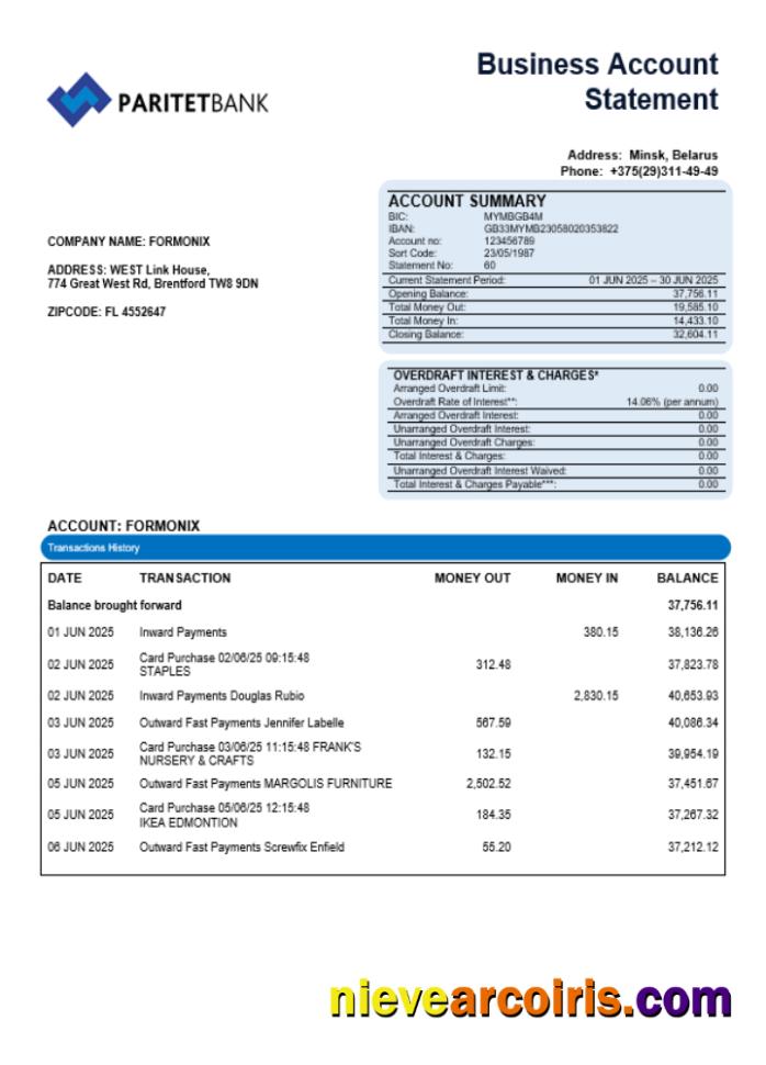 Paritet Bank Company Account Statement Word And PDF Format Preview
